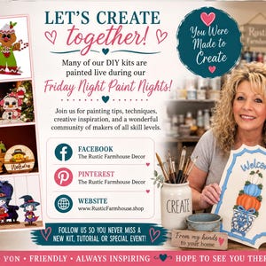 The image is a promotional poster for a crafting event called "Friday Night Paint Nights", featuring a smiling woman holding a sign with a pumpkin and other fall-themed decorations. The poster includes text and images related to the event, such as DIY kits, social media links, and a welcoming message.