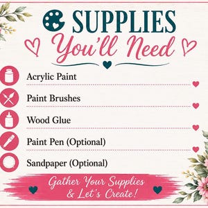The image is a list of supplies needed for a craft project, with a floral border on the left side.