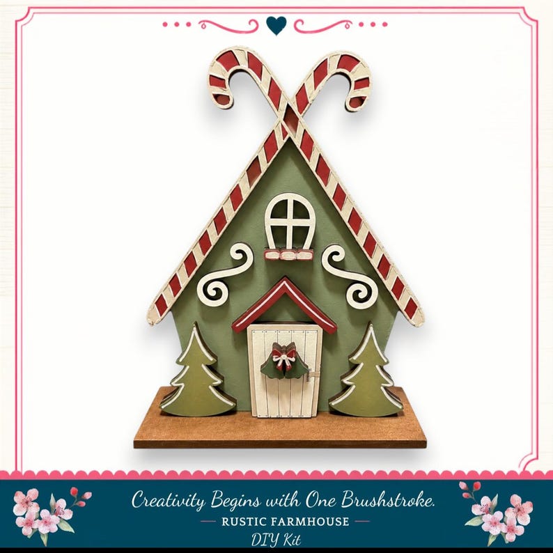 A DIY kit for creating a rustic farmhouse-style candy cane house, featuring a green and red color scheme with candy cane decorations and a wreath on the front door.