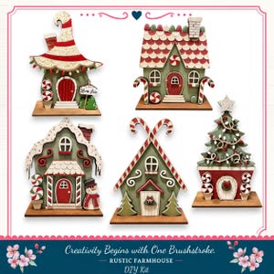 The image is a collage of four different holiday-themed wooden houses, each with unique decorations and designs. The houses are arranged in a row, showcasing various styles and colors. The image does not contain any text, and the focus is on the visual appeal of the holiday-themed houses.