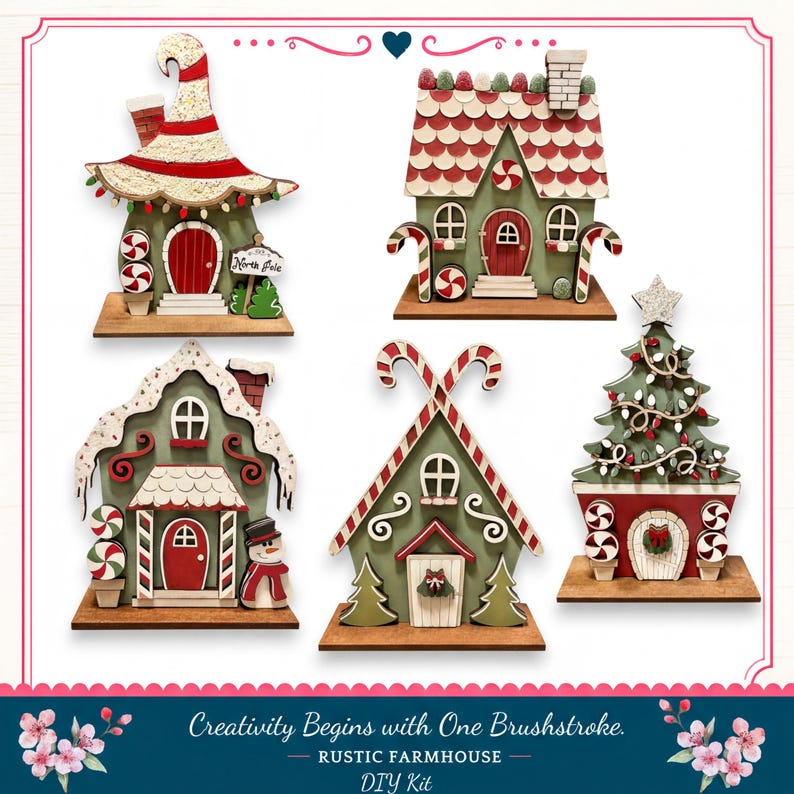 The image is a collage of four different holiday-themed wooden houses, each with unique decorations and designs. The houses are arranged in a row, showcasing various styles and colors. The image does not contain any text, and the focus is on the visual appeal of the holiday-themed houses.