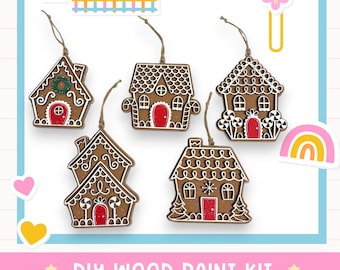 DIY Christmas Gingerbread House Ornament Craft Kit: Unpainted Wood, Set of 5