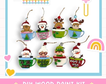 Adorno navideño DIY de taza con amigos – Kit de pintura para madera sin acabado – ¡Elige tu favorito!