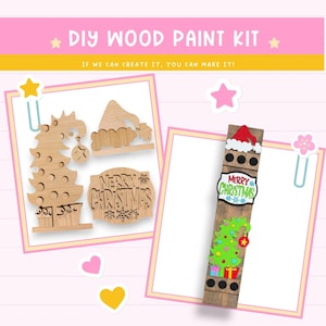 May include: DIY wood paint kit with two Christmas-themed designs. One design features a Christmas tree, a Santa hat, and a "Merry Christmas" sign. The other design features a Christmas tree, a Santa hat, and a "Merry Christmas" sign on a wooden plank.