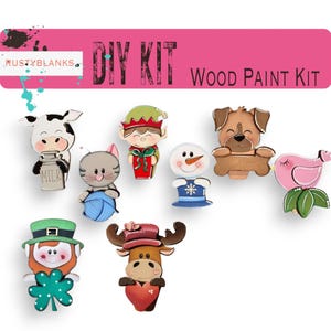 May include: DIY wood paint kit featuring a variety of adorable characters, including a cow, cat, elf, snowman, dog, bird, reindeer, and a leprechaun. The kit includes all the necessary wood pieces and paint.