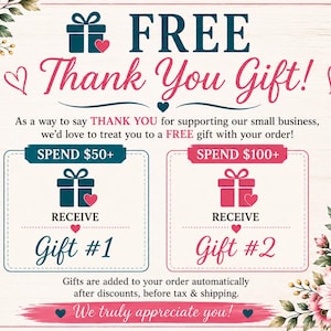 The image is a promotional graphic for a gift shop, featuring a "FREE Thank You Gift!" message and two gift options with different prices.