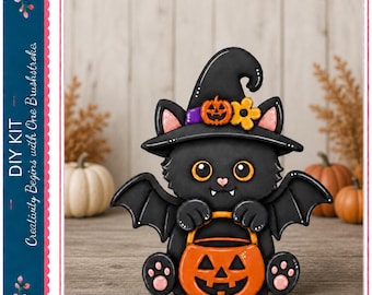 Kit de manualidades DIY para decorar estantes con forma de murciélago y gato de Halloween, decoración gótica, decoración de estantería, regalo de Halloween, kit de pintura de madera