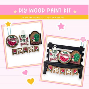 May include: DIY wood paint kit with watermelon and summer themed signs. The kit includes a round sign that says "Hello Summer", a rectangular sign that says "Life is Sweet", a rectangular sign that says "Watermelon", and a banner with watermelon slices and flowers.