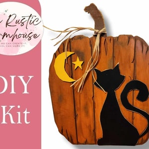 Rustic Pumpkin with Black Cat Chunky Shelf Sitter,  Fall Mantle Decor, Fall Pumpkin Home Decor Halloween Black Cat Decor