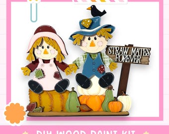 DIY Fall Scarecrow Couple Shelf Sitters | Laser Cut Paintable Wood Kit | Farmhouse Autumn Decor