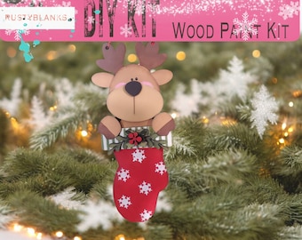 Stocking Reindeer Ornament, Kids Craft Kit, DIY Wood Blanks