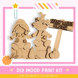 DIY Fall Scarecrow Couple Shelf Sitters | Laser Cut Paintable Wood Kit | Farmhouse Autumn Decor