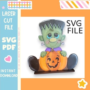 Frankenstein with Pumpkin Shelf Sitter Laser SVG File | Halloween Laser Cut File | Digital Download DIY Wood Kit SVG