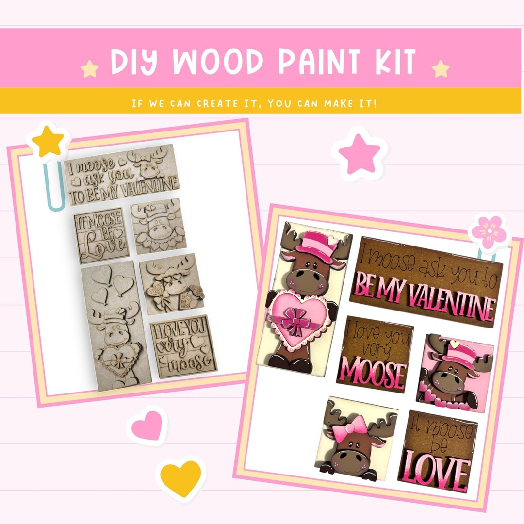 Valentines Day Moose Mini Wood Tile Set: DIY Paint Kit, Tiered Tray ...