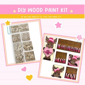 Valentine&#39;s Day Moose Wood Tile Set: DIY Paint Kit, Tiered Tray Decor