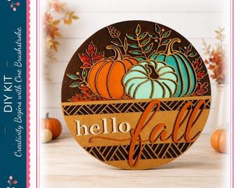 Fall Door Hanger DIY Pumpkin Wood Paint Kit Hello Fall Round Sign