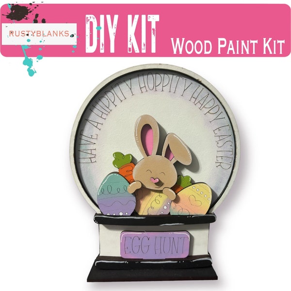 Hippity Hoppity Easter Bunny Insert for Snow Globe DIY Interchangeable Decor, Wood Paint Kit,  Interchangealbe Snow Globe