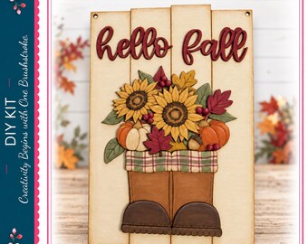Kit de manualidades de madera para colgar en la puerta con diseño de follaje otoñal y letrero "Hola Otoño".