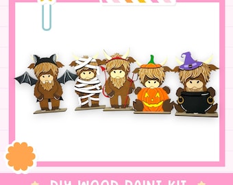 Vaca de las Tierras Altas de Halloween de pie para armar / Kit de pintura para madera / Decoración de estante para Halloween