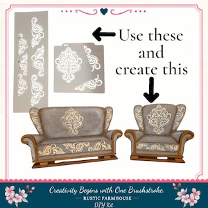 May include: A DIY kit featuring two grey stencils with white damask patterns and two miniature wooden furniture pieces, a sofa and an armchair, decorated with the same gold damask designs. Text reads: Use these and create this, Creativity Begins with One Brushstroke.