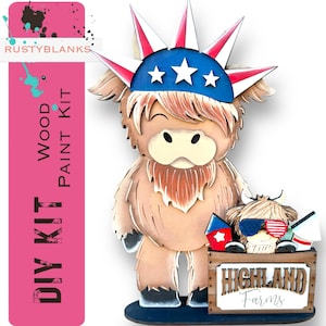 May include: A wooden DIY paint kit featuring a Highland cow wearing a red, white, and blue patriotic hat. The cow is holding a small wooden crate with the words "HIGHLAND FARMS" on it. The kit is perfect for painting and decorating.