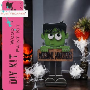 DIY Frankenstein Welcome Monsters Wood Paint Kit – 11&quot; & 16&quot; Indoor Halloween Craft for Home Decor