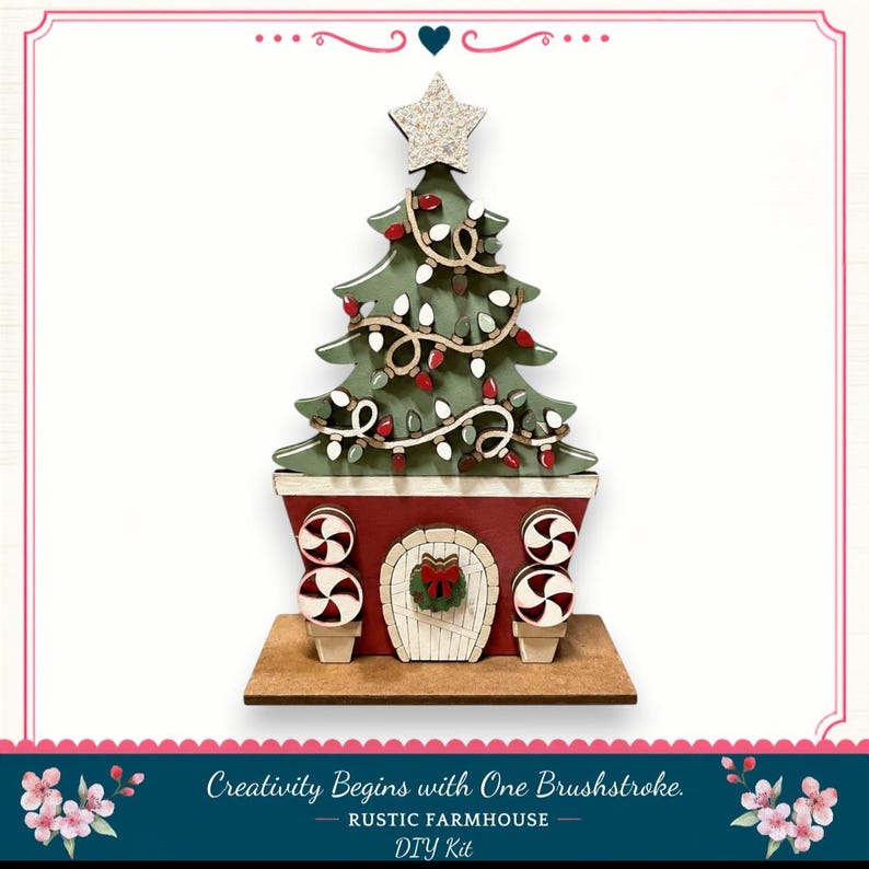 A Christmas tree-shaped object with a wreath and other decorations, placed on a wooden base. The object appears to be a DIY kit for creating a rustic farmhouse-style Christmas tree.