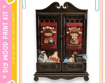 Insertos para gabinetes de estilo rústico con motivos de granja: vaca y gallina de las Tierras Altas, decoración intercambiable.