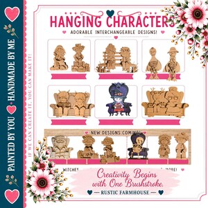Interchangeable Hanging Character Bases | Sofa, Chair, Witch Chair, Bench & Truck | Shelf Sitter Display Base | DIY Wood Paint Kit