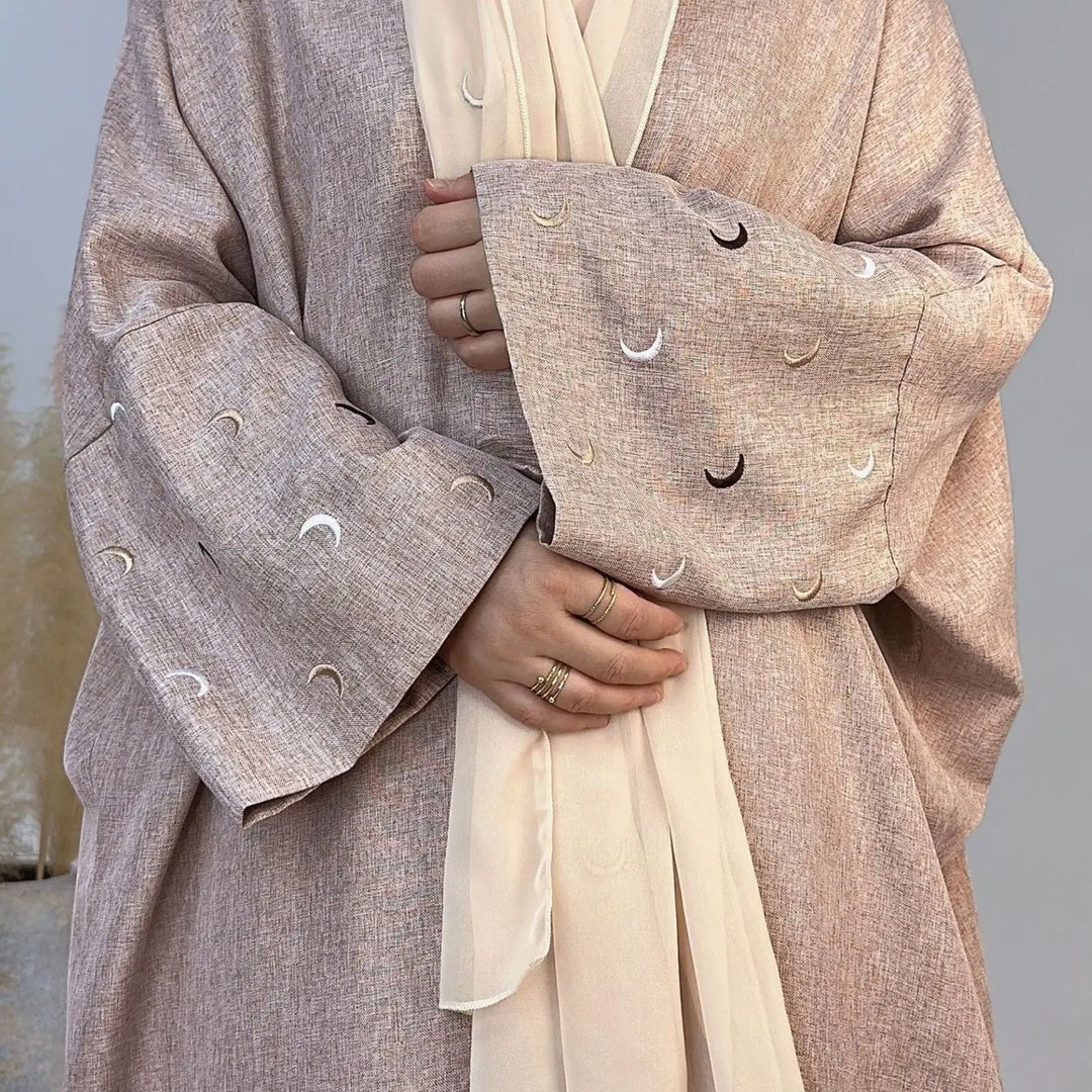 Winter Abaya Solid Ethnic Moon Embroidery Batwing Sleeve Open Kimono