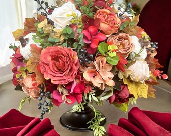 Elegant Fall Floral Centerpiece: Peonies, Hydrangea & Artificial Pumpkins