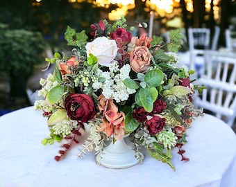 Elegant Dining Table Centerpiece, Round Table Top Floral Arrangement, Shabby Chic Rose Floral Arrangement,  Pedestal Container