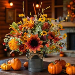 May include: A fall-themed floral arrangement in a gray metal container, featuring sunflowers, orange and yellow flowers, and berries. Several orange pumpkins of varying sizes are arranged on a wooden table, creating a seasonal display.
