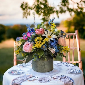 Farmhouse Milk Can Centerpiece, Country Floral Arrangement, Peony Table Top Centerpiece, Spring Bouquet in Galvanized Container