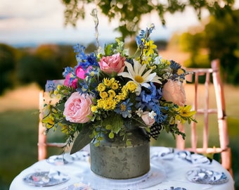 Farmhouse Milk Can Centerpiece, Country Floral Arrangement, Peony Table Top Centerpiece, Spring Bouquet in Galvanized Container