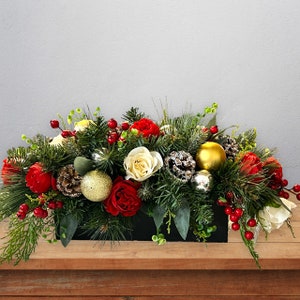 Rectangle Christmas Pine Centerpiece, Peonies, Roses, Berries, Ornaments