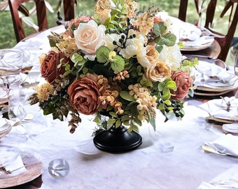 Elegant Neutral Colored Dining Table Centerpiece, Round Table Top Floral, Cream Rose and Peonies, Tan and Brown Floral Arrangement