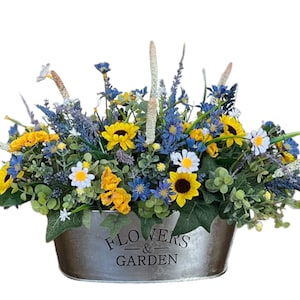 Farmhouse Dining Table Centerpiece, Oval Floral Table Top Arrangement, Wild Sunflower Centerpiece, Blue and Yellow Floral Arrangement