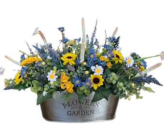 Farmhouse Dining Table Centerpiece, Oval Floral Table Top Arrangement, Wild Sunflower Centerpiece, Blue and Yellow Floral Arrangement