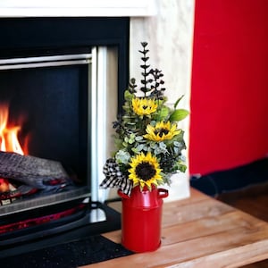Farmhouse Sunflower Table Arrangement, Red Milk Can Floral Arrangement, Country Farm Decor, Table Top Sunflower