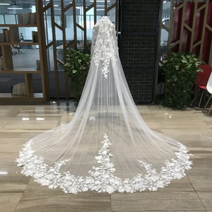 Mantilla Veil Bridal Pearl 3D Scattered Florals, Floral Lace Wedding Veil 1 Tier 118&quot; Cathedral, Lace Wedding Veil Custom Length with Comb