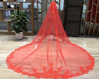 Red Bridal Veil Cathedral Length with Comb, Mystic Red Bridal Veil 1 Tier Red Veil Cathedral Royal Veil with Comb, Fingertip Bridal Veil