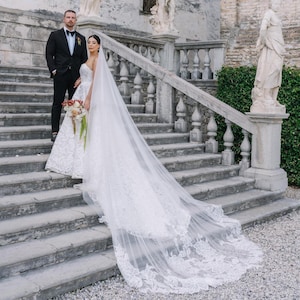 May include: A bride and groom pose on a stone staircase. The bride wears a white, lace wedding dress with a long veil. The groom is in a black tuxedo. The staircase has a stone balustrade and is flanked by statues. A bouquet of flowers is in the bride's hand.