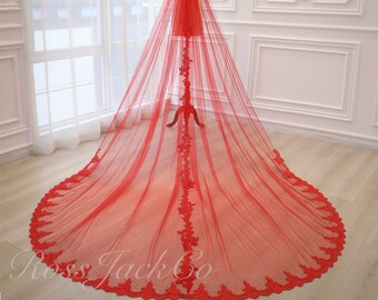 Red Bridal Veil Cathedral Length with Comb, Mystic Red Bridal Veil 1 Tier Red Veil Cathedral Royal Veil with Comb, Fingertip Bridal Veil