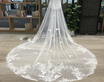 Embroidered flowers and birds Wedding Veil, Veil Wedding Cathedral, Two Tier Veil With Blusher, Embroidery Ivory Veil With Comb, Bridal Veil