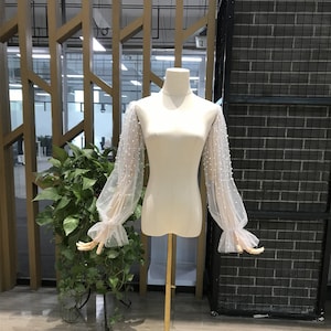 パフパールブライダルスリーブ、フリル付き、ソフトチュールロングパールウェディングドレススリーブ、取り外し可能なスリーブ、取り外し可能なドレススリーブ