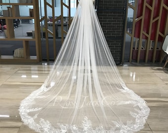Beaded Flower Bridal Veil, Handmade Beading Flowers Lace Veil, Soft Tulle Custom Veil, 1 Tier Royal Veil Wedding Veil, Cathedral Veil