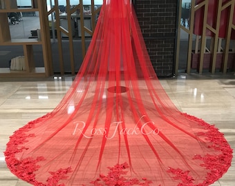 Red Bridal Veil with Colorful Zircons, Mystic Red Bridal Veil 1 Tier Red Veil Cathedral Royal Veil with Comb, Fingertip Bridal Veil