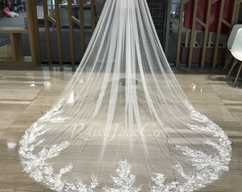 Vintage Beaded Flower Veil, Handmade Beading Lace Veil, Tulle Custom Veil, 1 Tier Royal Veil Wedding Veil, Cathedral Veil
