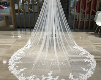 Vintage Beaded Flower Veil, Handmade Beading Lace Veil, Tulle Custom Veil, 1 Tier Royal Veil Wedding Veil, Cathedral Veil